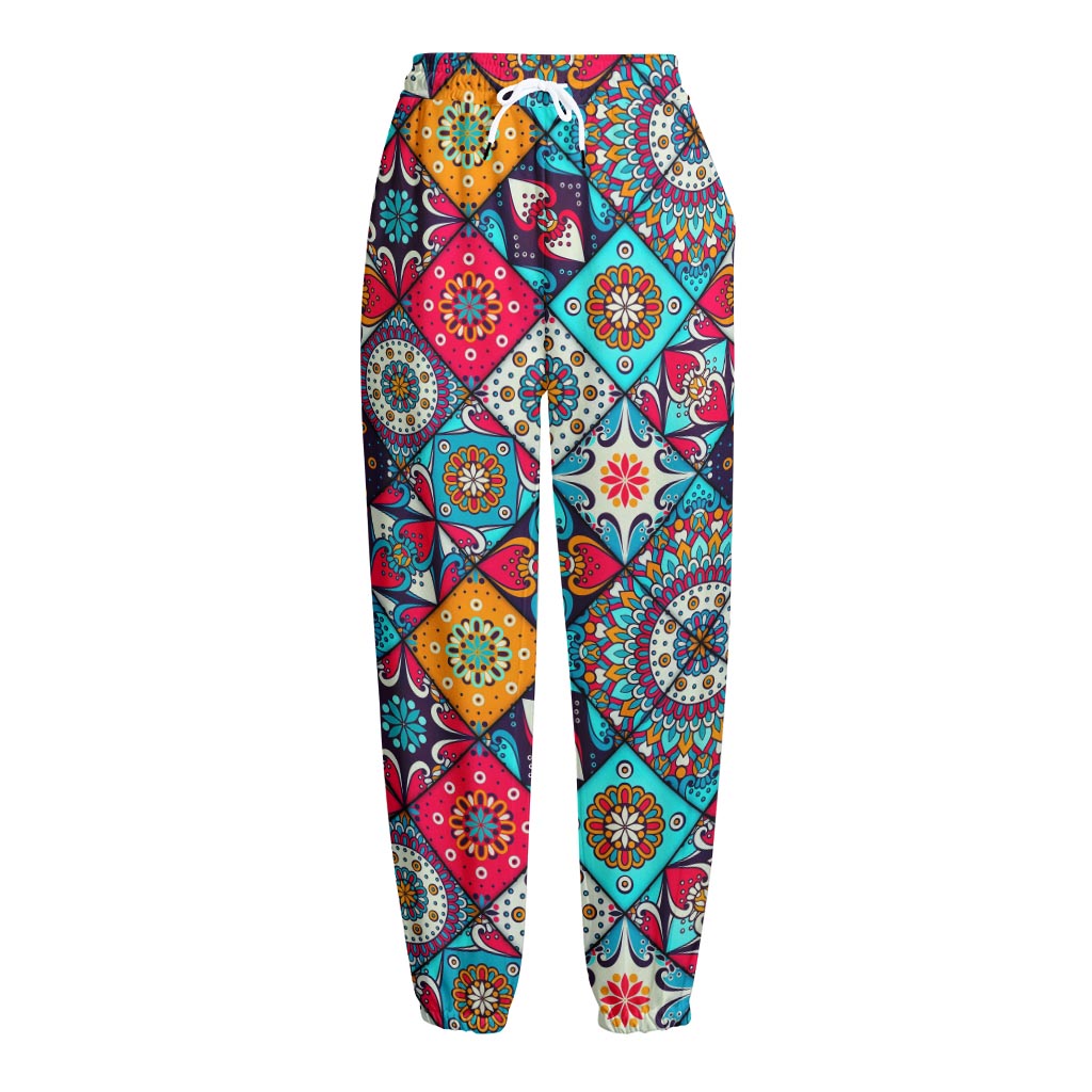 Bohemian Indian Mandala Patchwork Print Fleece Lined Knit Pants