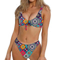 Bohemian Indian Mandala Patchwork Print Front Bow Tie Bikini