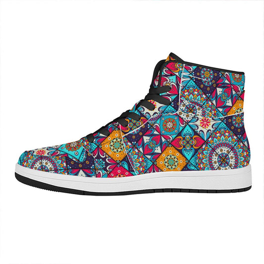 Bohemian Indian Mandala Patchwork Print High Top Leather Sneakers