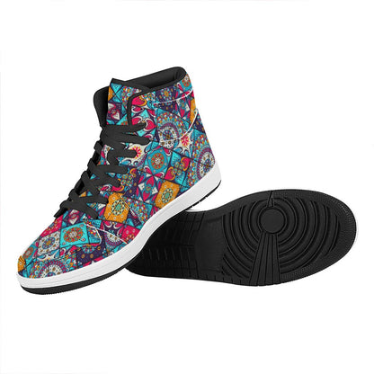 Bohemian Indian Mandala Patchwork Print High Top Leather Sneakers