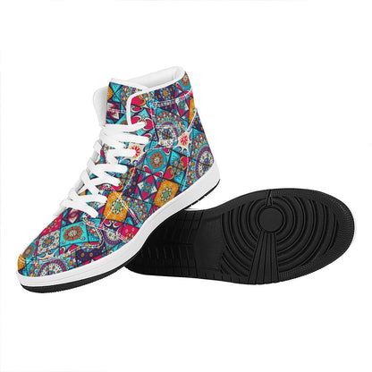 Bohemian Indian Mandala Patchwork Print High Top Leather Sneakers