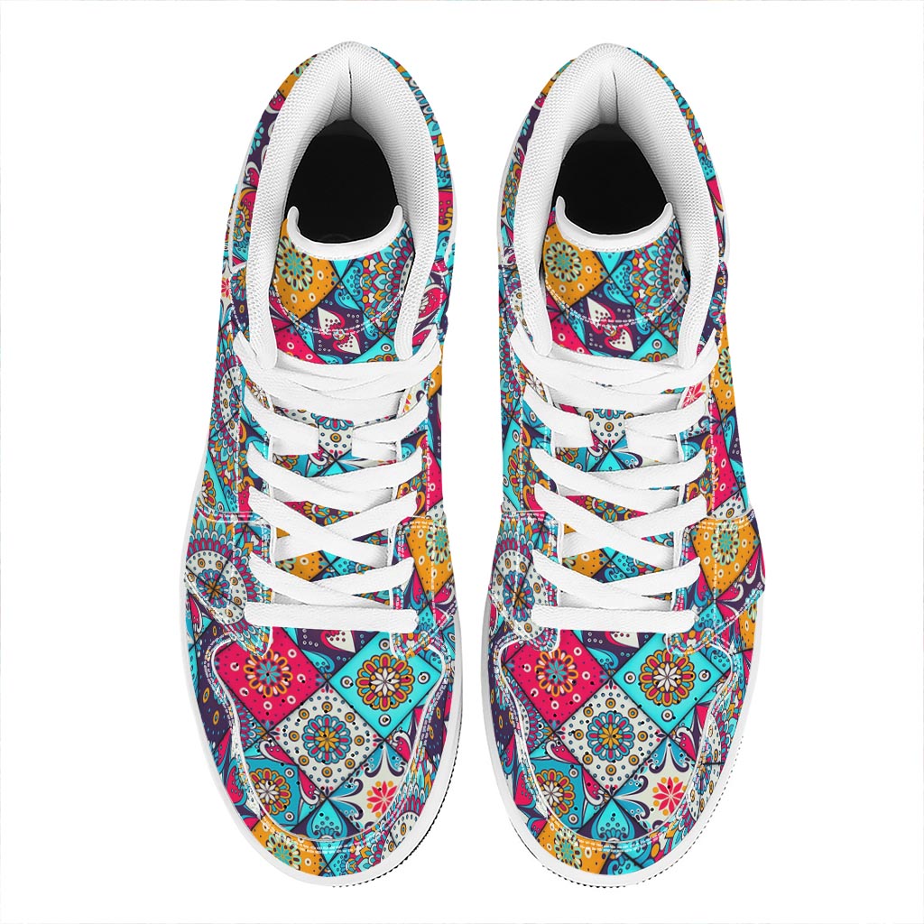 Bohemian Indian Mandala Patchwork Print High Top Leather Sneakers