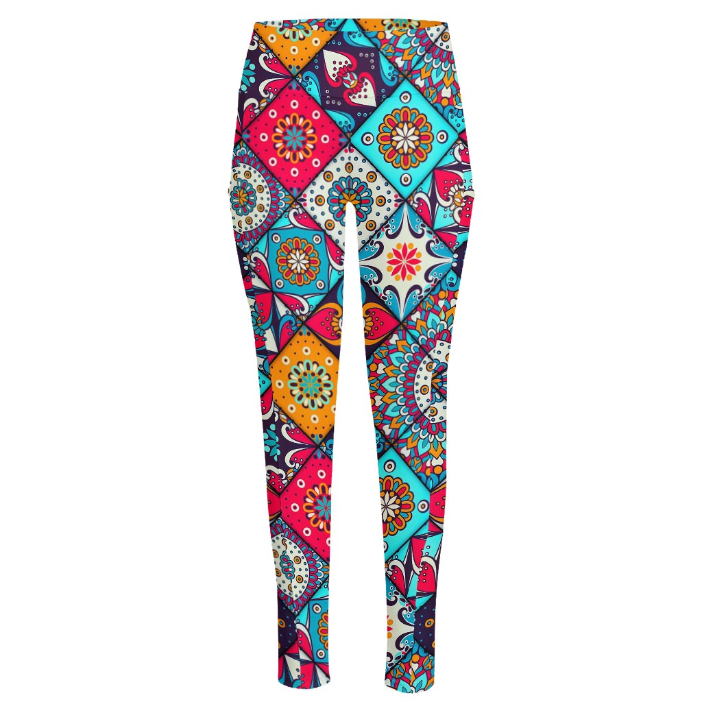 Bohemian Indian Mandala Patchwork Print High-Waisted Pocket Leggings