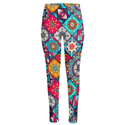 Bohemian Indian Mandala Patchwork Print High-Waisted Pocket Leggings