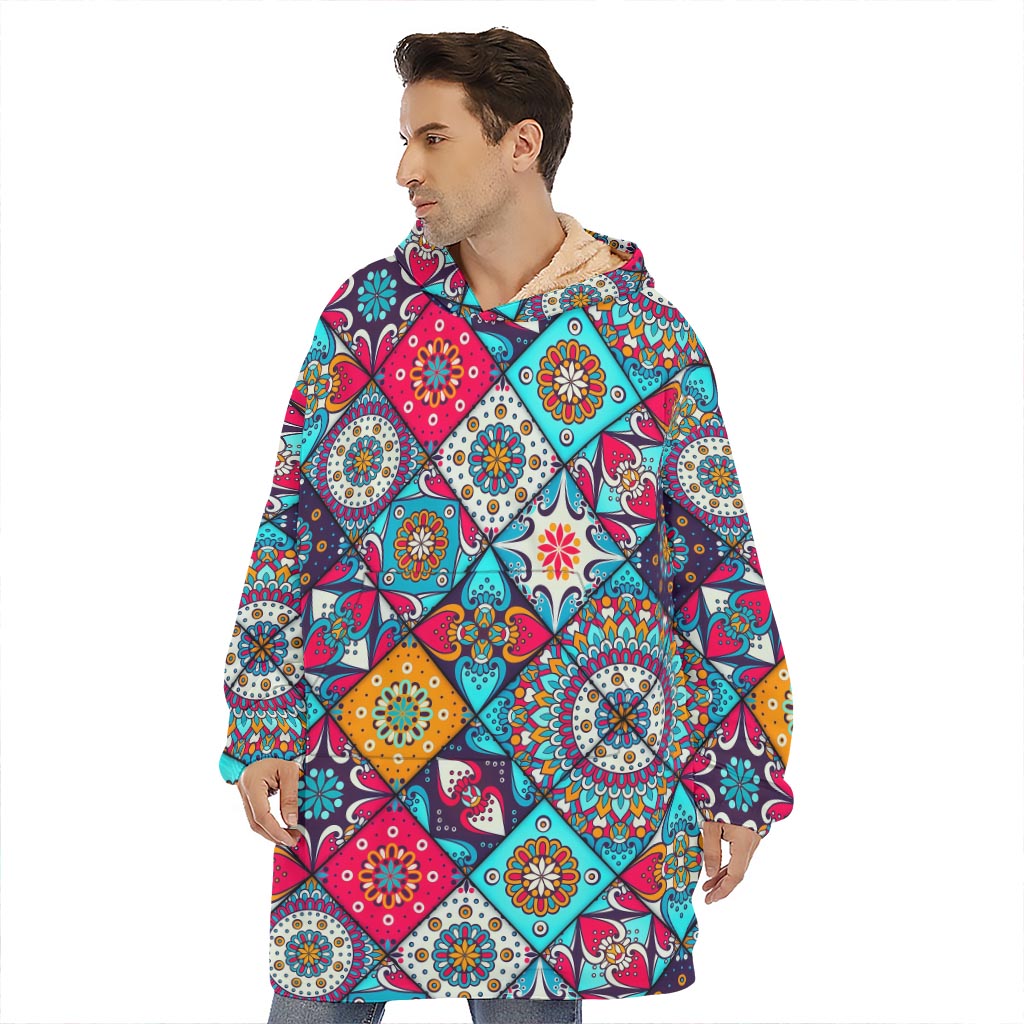 Bohemian Indian Mandala Patchwork Print Hoodie Blanket