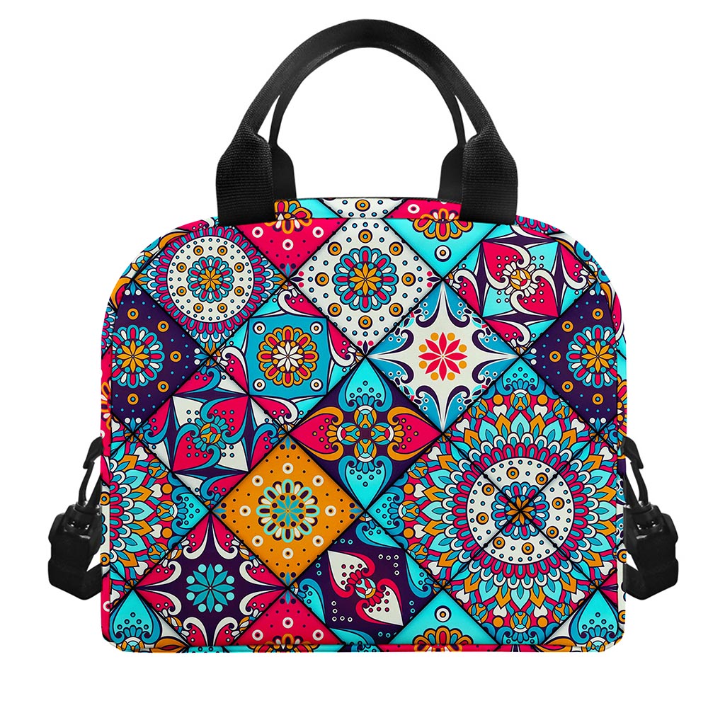 Bohemian Indian Mandala Patchwork Print Insulated Lunch Bag
