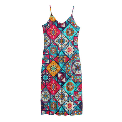 Bohemian Indian Mandala Patchwork Print Jersey Midi Cami Dress