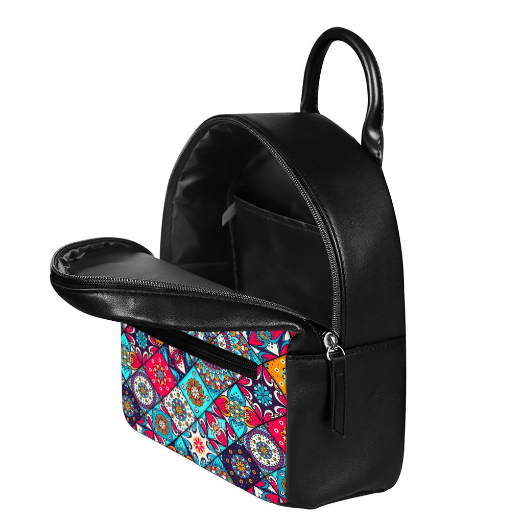 Bohemian Indian Mandala Patchwork Print Leather Backpack