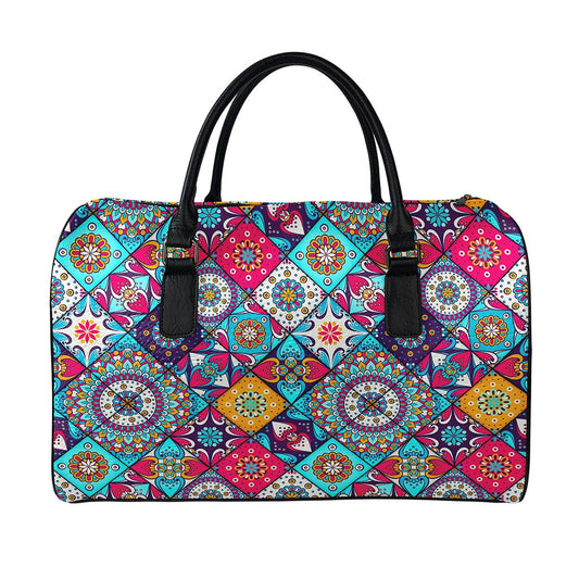 Bohemian Indian Mandala Patchwork Print Leather Duffle Bag