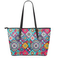 Bohemian Indian Mandala Patchwork Print Leather Tote Bag With Zipper