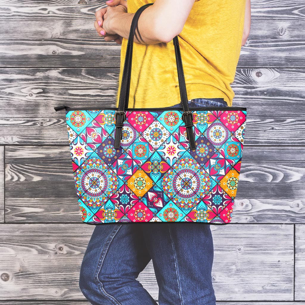 Bohemian Indian Mandala Patchwork Print Leather Tote Bag