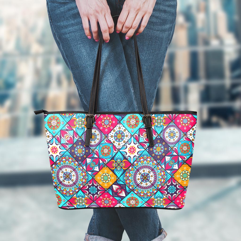 Bohemian Indian Mandala Patchwork Print Leather Tote Bag