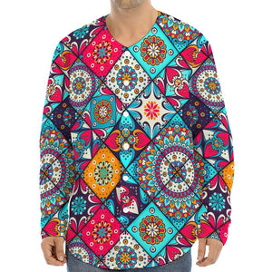 Bohemian Indian Mandala Patchwork Print Long Sleeve Baseball Jersey