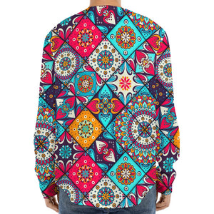 Bohemian Indian Mandala Patchwork Print Long Sleeve Baseball Jersey