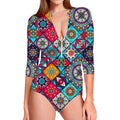 Bohemian Indian Mandala Patchwork Print Long Sleeve Swimsuit