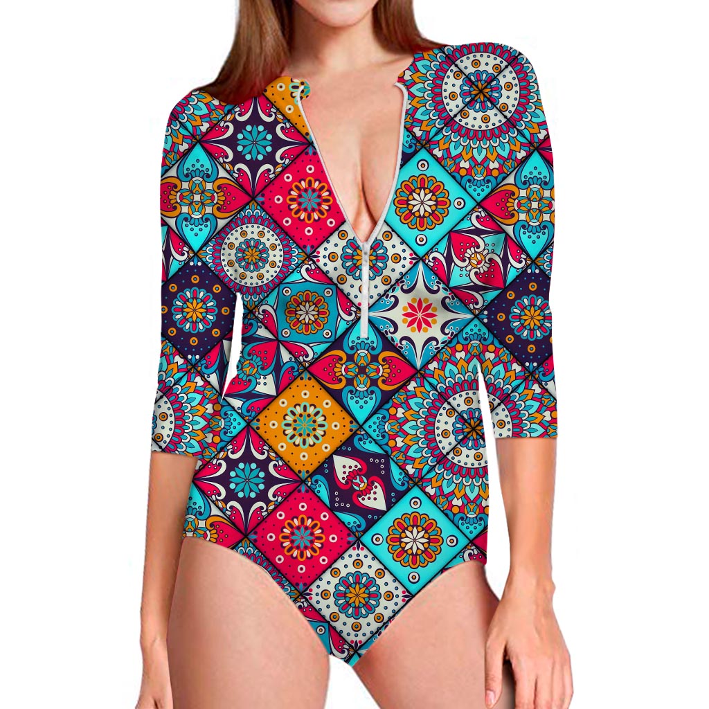 Bohemian Indian Mandala Patchwork Print Long Sleeve Swimsuit