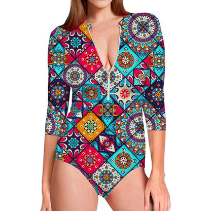 Bohemian Indian Mandala Patchwork Print Long Sleeve Swimsuit