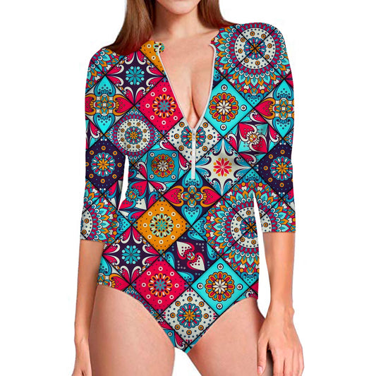 Bohemian Indian Mandala Patchwork Print Long Sleeve Swimsuit
