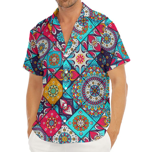 Bohemian Indian Mandala Patchwork Print Men's Deep V-Neck Shirt