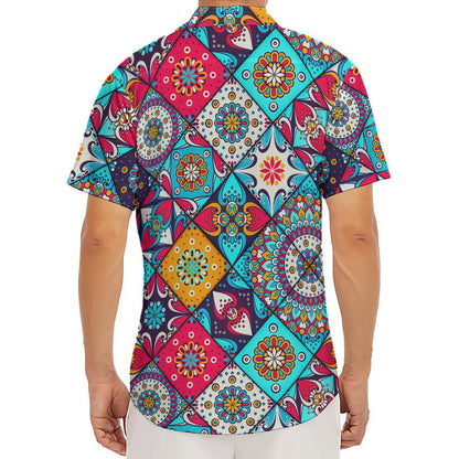 Bohemian Indian Mandala Patchwork Print Men's Deep V-Neck Shirt