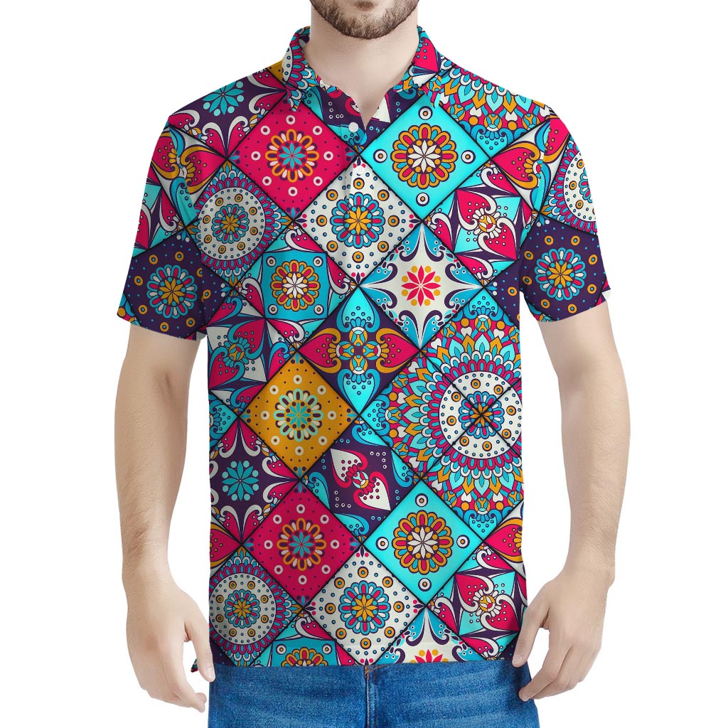 Bohemian Indian Mandala Patchwork Print Men's Polo Shirt