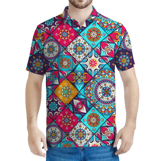 Bohemian Indian Mandala Patchwork Print Men's Polo Shirt
