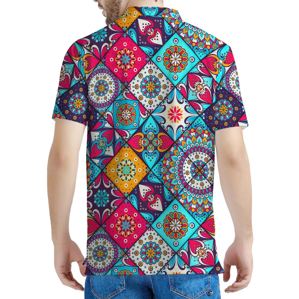 Bohemian Indian Mandala Patchwork Print Men's Polo Shirt