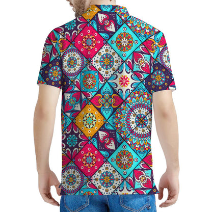 Bohemian Indian Mandala Patchwork Print Men's Polo Shirt