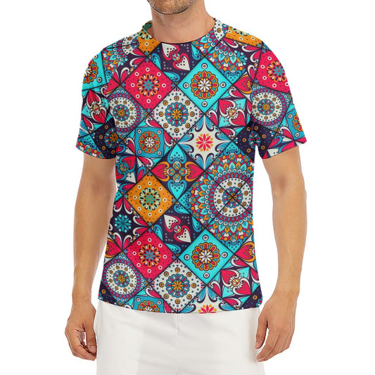 Bohemian Indian Mandala Patchwork Print Men's Short Sleeve Rash Guard