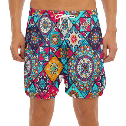 Bohemian Indian Mandala Patchwork Print Men's Split Running Shorts
