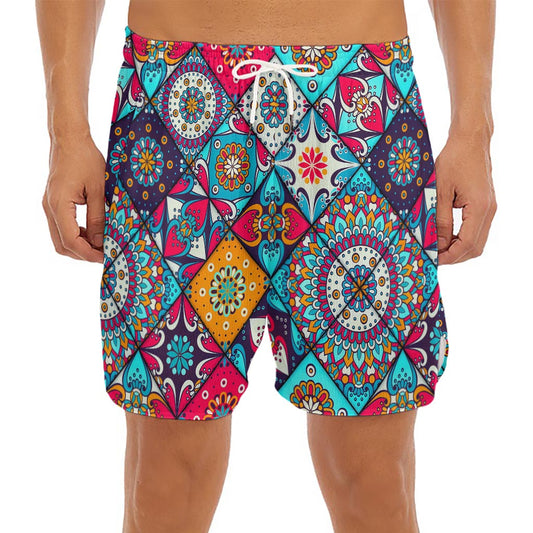 Bohemian Indian Mandala Patchwork Print Men's Split Running Shorts