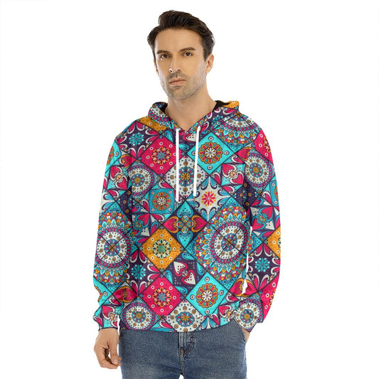 Bohemian Indian Mandala Patchwork Print Men's Velvet Pullover Hoodie