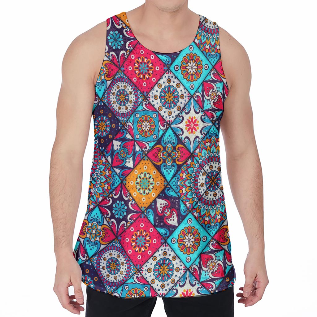 Bohemian Indian Mandala Patchwork Print Men's Velvet Tank Top