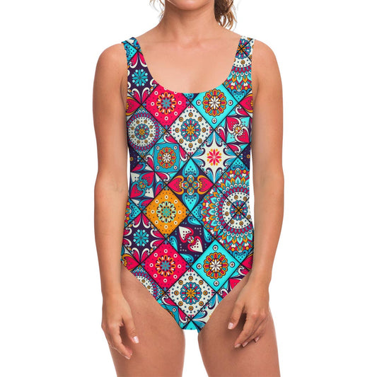 Bohemian Indian Mandala Patchwork Print One Piece Swimsuit