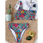 Bohemian Indian Mandala Patchwork Print One Shoulder Bikini Top