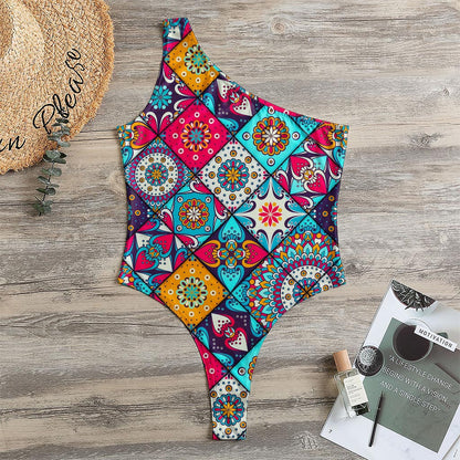 Bohemian Indian Mandala Patchwork Print One Shoulder Bodysuit
