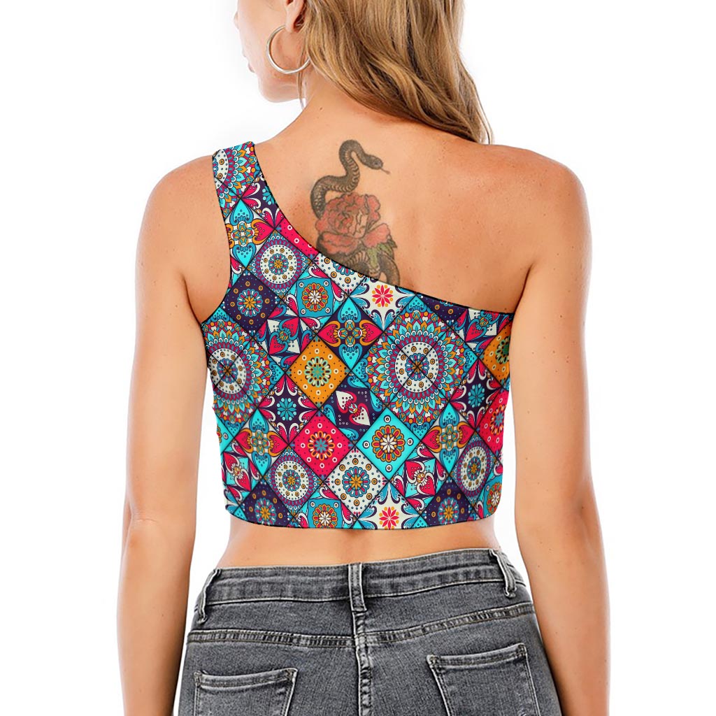 Bohemian Indian Mandala Patchwork Print One Shoulder Crop Top