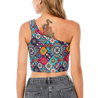 Bohemian Indian Mandala Patchwork Print One Shoulder Crop Top