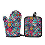 Bohemian Indian Mandala Patchwork Print Oven Mitt And Pot Holder Set