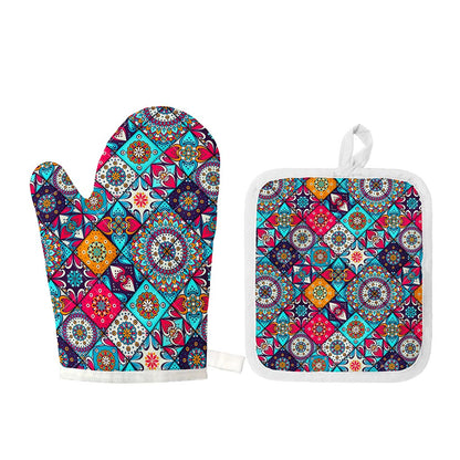 Bohemian Indian Mandala Patchwork Print Oven Mitt And Pot Holder Set