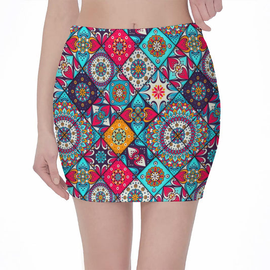 Bohemian Indian Mandala Patchwork Print Pencil Mini Skirt