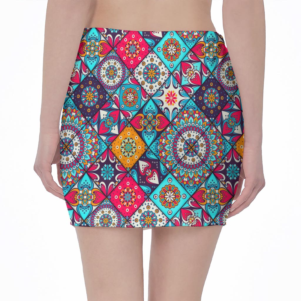 Bohemian Indian Mandala Patchwork Print Pencil Mini Skirt