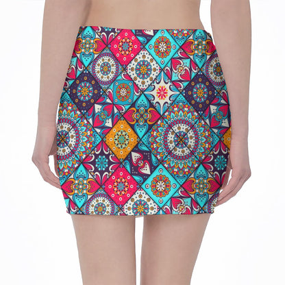 Bohemian Indian Mandala Patchwork Print Pencil Mini Skirt