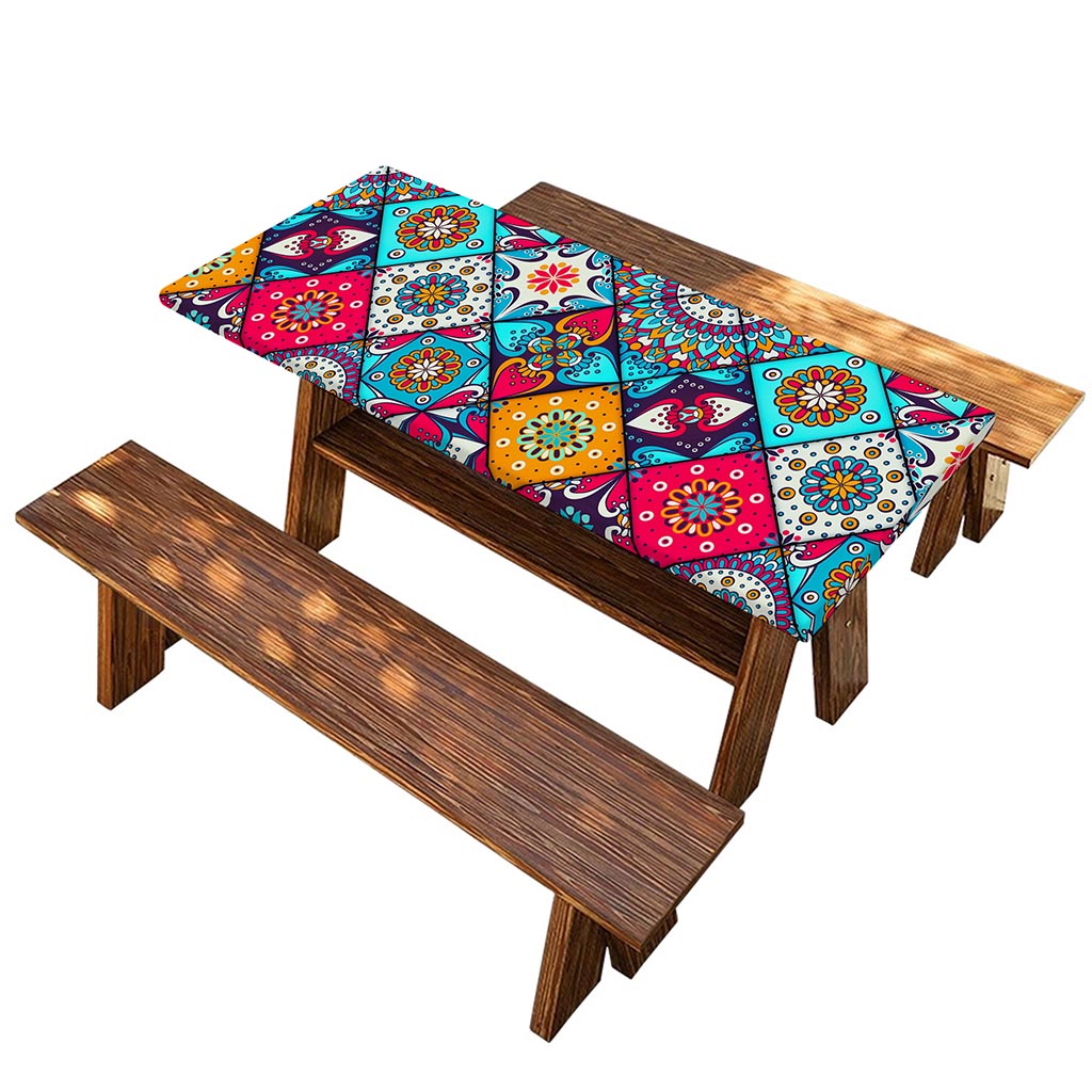 Bohemian Indian Mandala Patchwork Print Picnic Table Cover