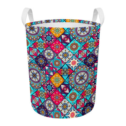Bohemian Indian Mandala Patchwork Print Round Laundry Basket