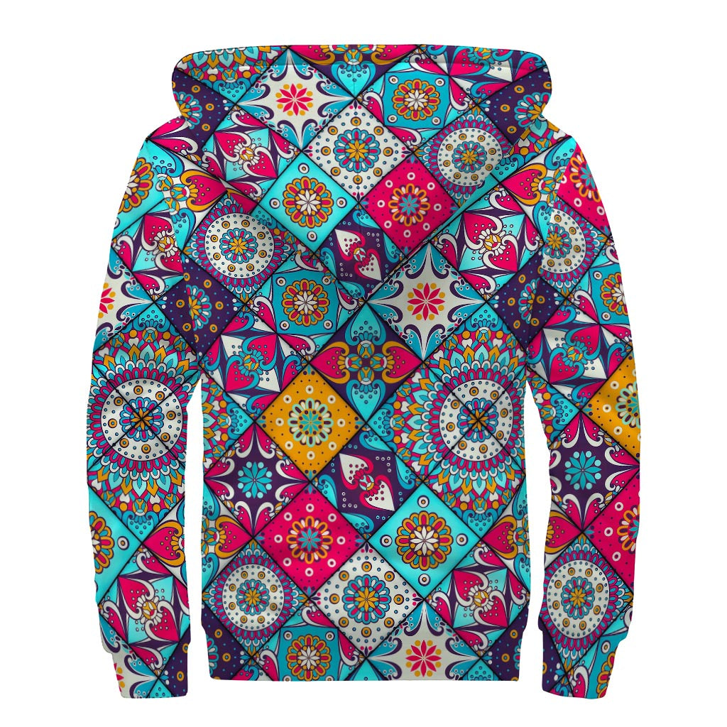 Bohemian Indian Mandala Patchwork Print Sherpa Lined Zip Up Hoodie