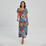 Bohemian Indian Mandala Patchwork Print Short Sleeve Maxi Dress