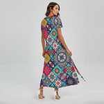 Bohemian Indian Mandala Patchwork Print Short Sleeve Maxi Dress