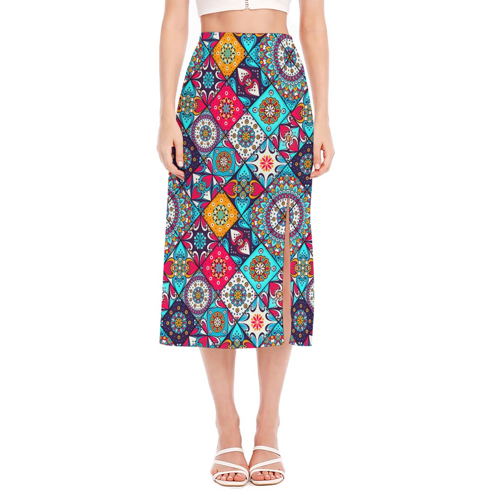 Bohemian Indian Mandala Patchwork Print Side Slit Midi Skirt