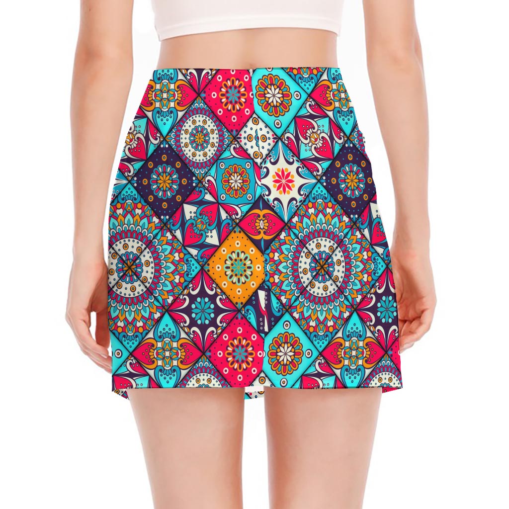 Bohemian Indian Mandala Patchwork Print Side Slit Mini Skirt